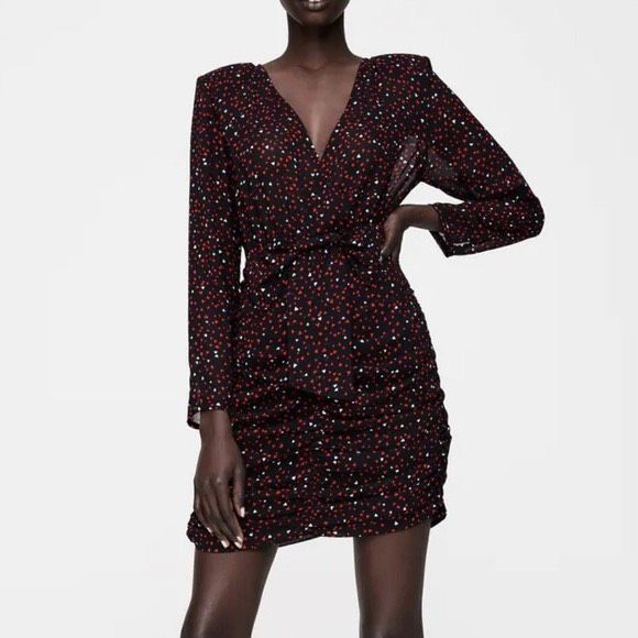 Zara Dresses & Skirts - ZARA Valentine’s Day Red Heart Print Dress ruched size M